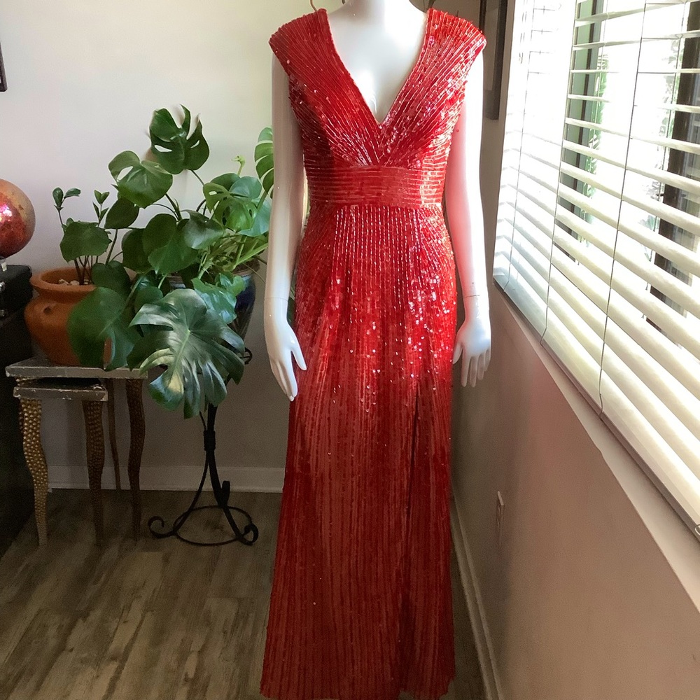 NWT Mac Duggal Red Beaded Evening Maxi Dress